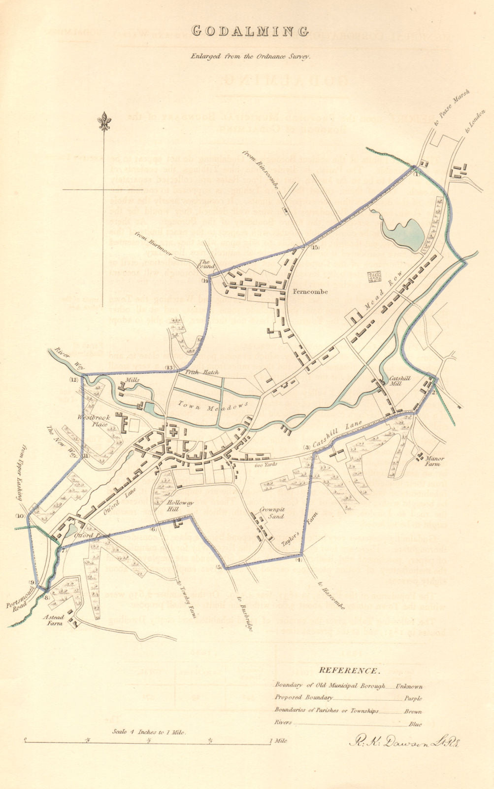 GODALMING borough/town plan. BOUNDARY COMMISSION. Surrey. DAWSON 1837 old map